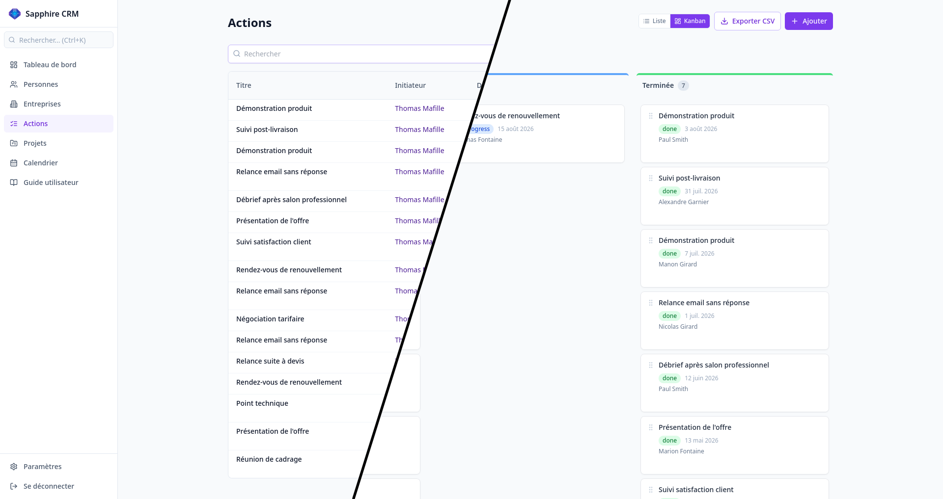 Sapphire Kanban board showing actions grouped by status with drag-and-drop