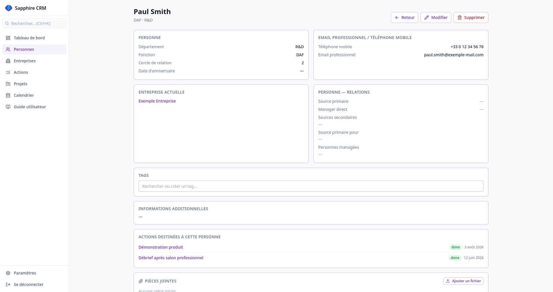 Sapphire contact detail page showing relationship context, linked company, and notes